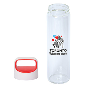 WB8480-600 ML. (20 FL. OZ.) GLASS WATER BOTTLE-Red/White lid/Glass bottle